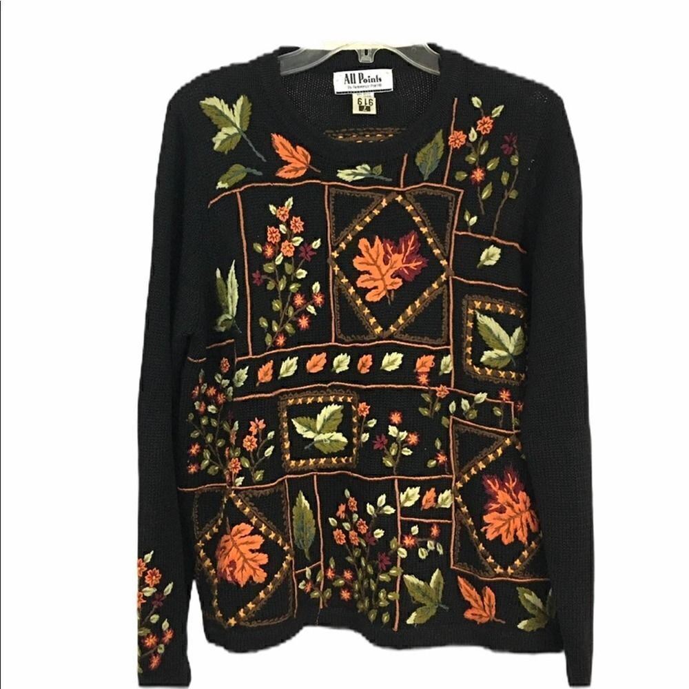 Vintage All Points Fall Leaves Embroidered Sweater Size Medium